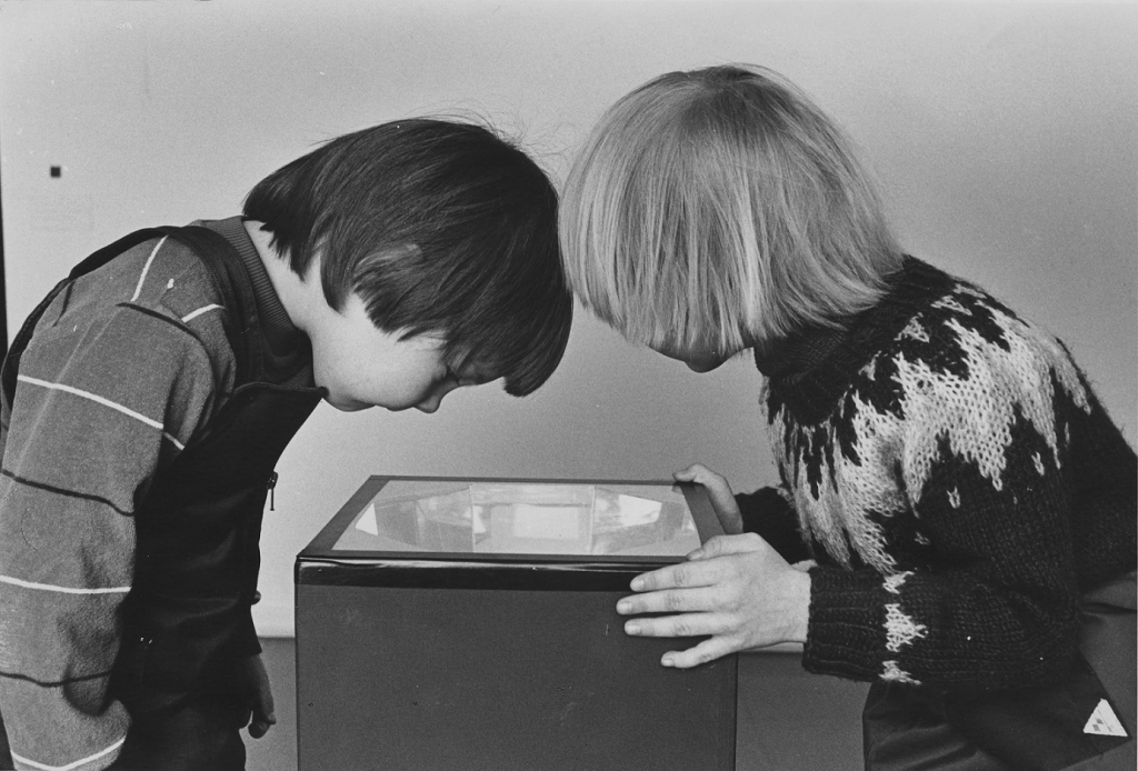 Mustavalkoisessa kuvassa 1970-luvulta kaksi pottatukkaista lasta katsovat ala laatikkoon tai tv-ruutuun.