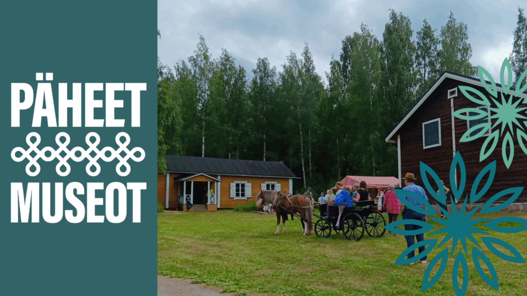 Päheet museot tekstilogo ja taustalla Nastolan kotiseutumuseon piha-alue, jossa hevonen ja kärryt sekä ihmisiä.