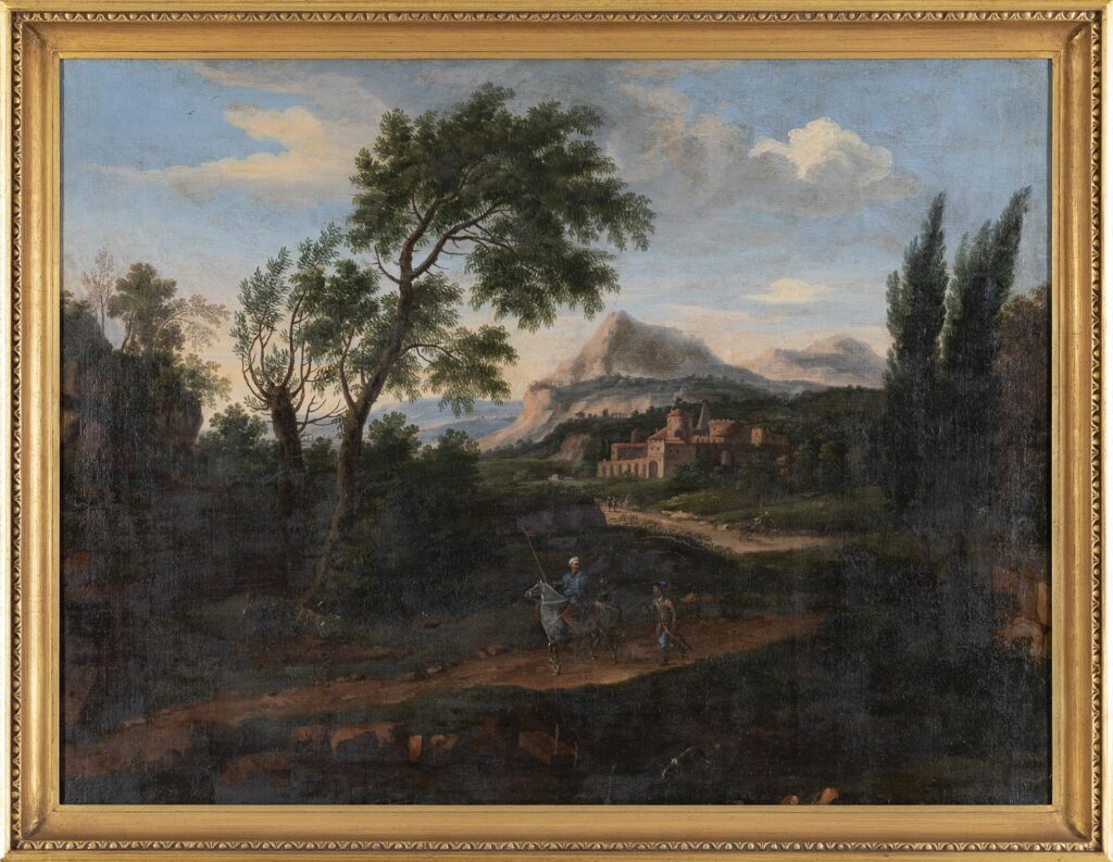 Maisemamaalaus, jossa taustalla vuoria ja linna, edessä tietä pitkin, hevosen selässä ja sen vierellä kulkevat ihmiset.