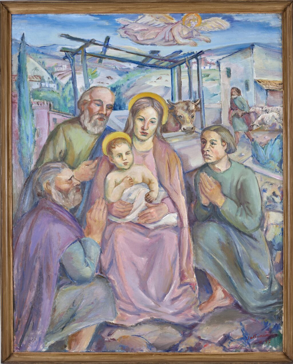 Pastellisävyinen, Jeesuksen syntymä -aiheinen maalaus.